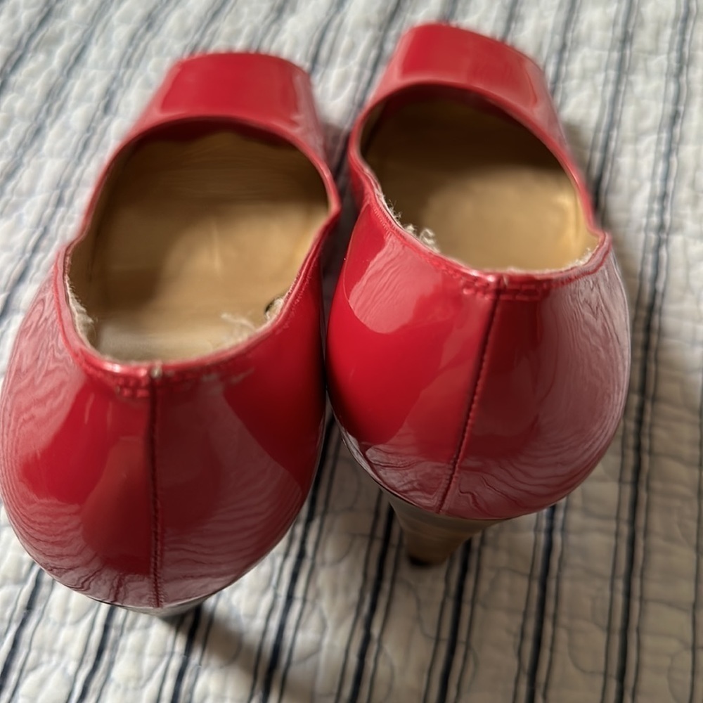 😊Stuart Weitzman Womens Metallic Pink Patent Leather Open Toe Pumps size… - Picture 13 of 16